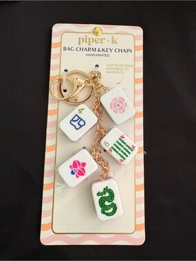 Piper·k Mahjong Bag Charm & Key Chain Clip-On Gold Tone Chain White/Green/Pink